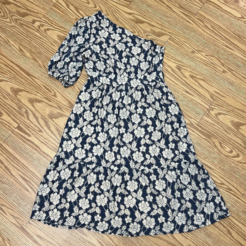 NSR W medium Prairie navy and cream One Shoulder floral lace Ruffle MIDI DRESS
